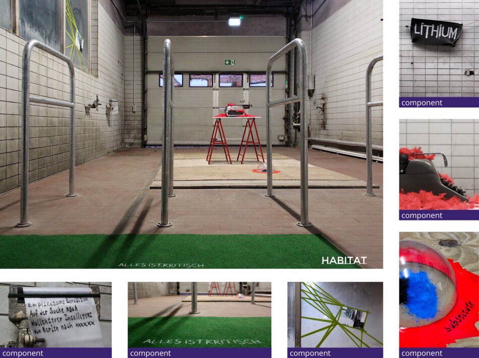 A collage of images related to the concept of “HABITAT”. The main image shows an industrial space with a typewriter on a makeshift desk, surrounded by metal barriers and green flooring. Smaller images depict various objects, materials, and text fragments, including words like “LITHIUM”, and “ALLES IST KRITISCH”