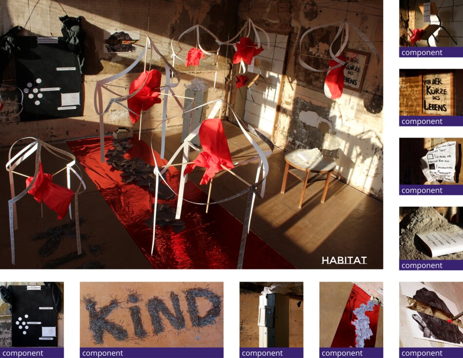 A collage of photographs and text-based art pieces. The central image depicts a room installation with red fabric structures and scattered objects. Surrounding images showcase close-ups of various components, including text fragments, materials, and a black and white photo.