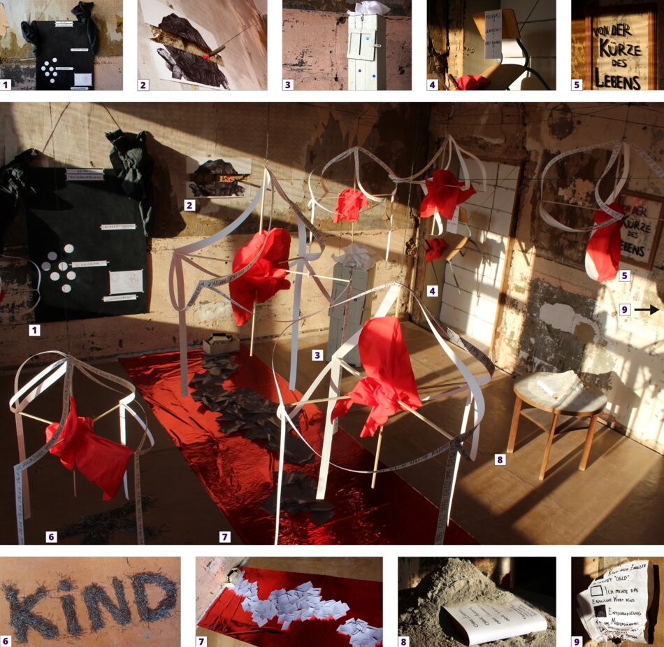 Installation art photograph featuring a room with white walls and a red central installation. The installation includes hanging red fabric structures, a red carpet, and various objects on the floor. Text elements include “KIND#8221; in large letters and smaller text fragments throughout the space.