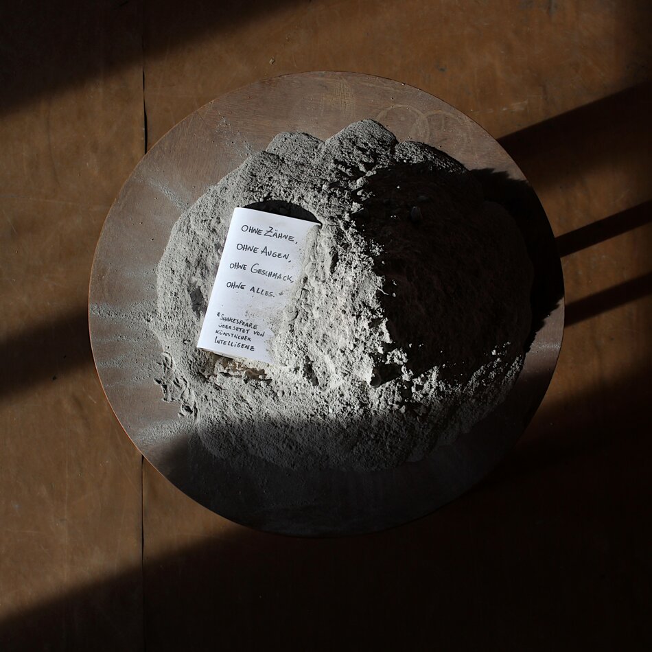 A round, brown plate with a pile of gray powder in the center. A white book with German text is placed on top of the powder. The text reads: “OHNE Z&Auml;HNE, OHNE AUGEN, OHNE GESCHMACK, OHNE ALLES. SHAKESPEARE &Uuml;BERSETZT VON KUuml;NSTLICHER INTELLIGENZ”. There are shadows of a window on the plate and the floor.