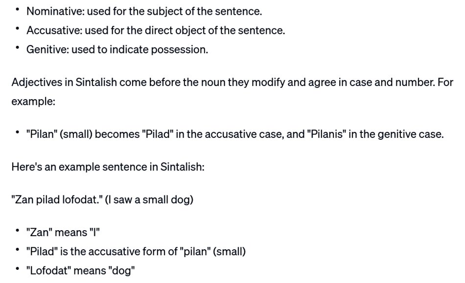 Image explaining nominative, accusative, and genitive cases in Sintalish grammar.