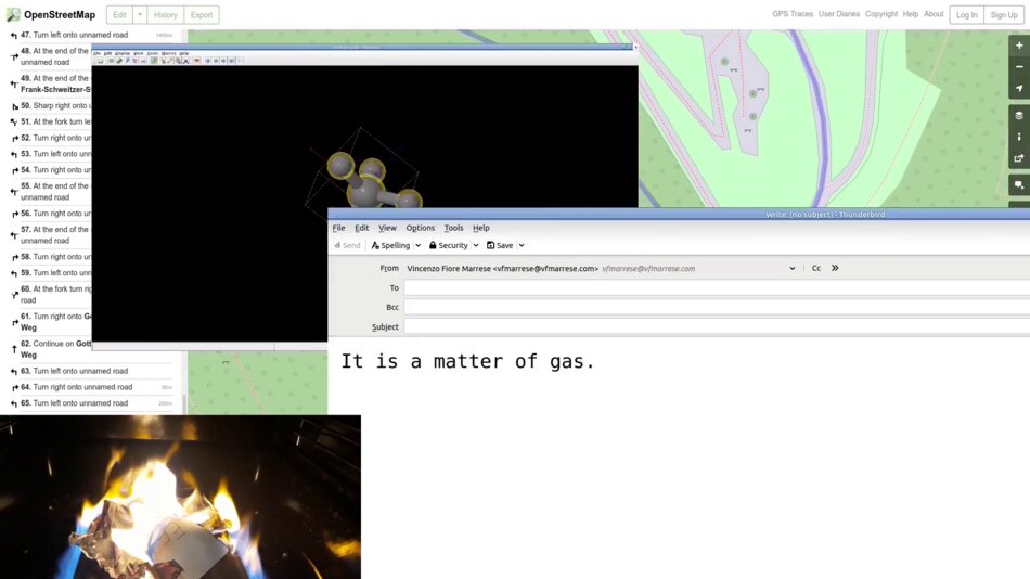 A computer screen displaying OpenStreetMap data with a route marked by numbered waypoints. A smaller window shows a chemical structure and an email with the subject “It is a matter of gas.”